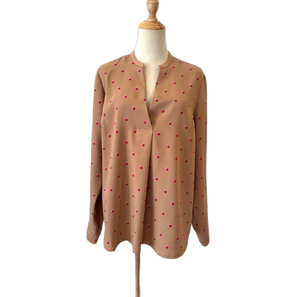 J.Jill Wearever Women M Tall Tan Pink Dot Split Neck Popover Blouse Long Sleeve